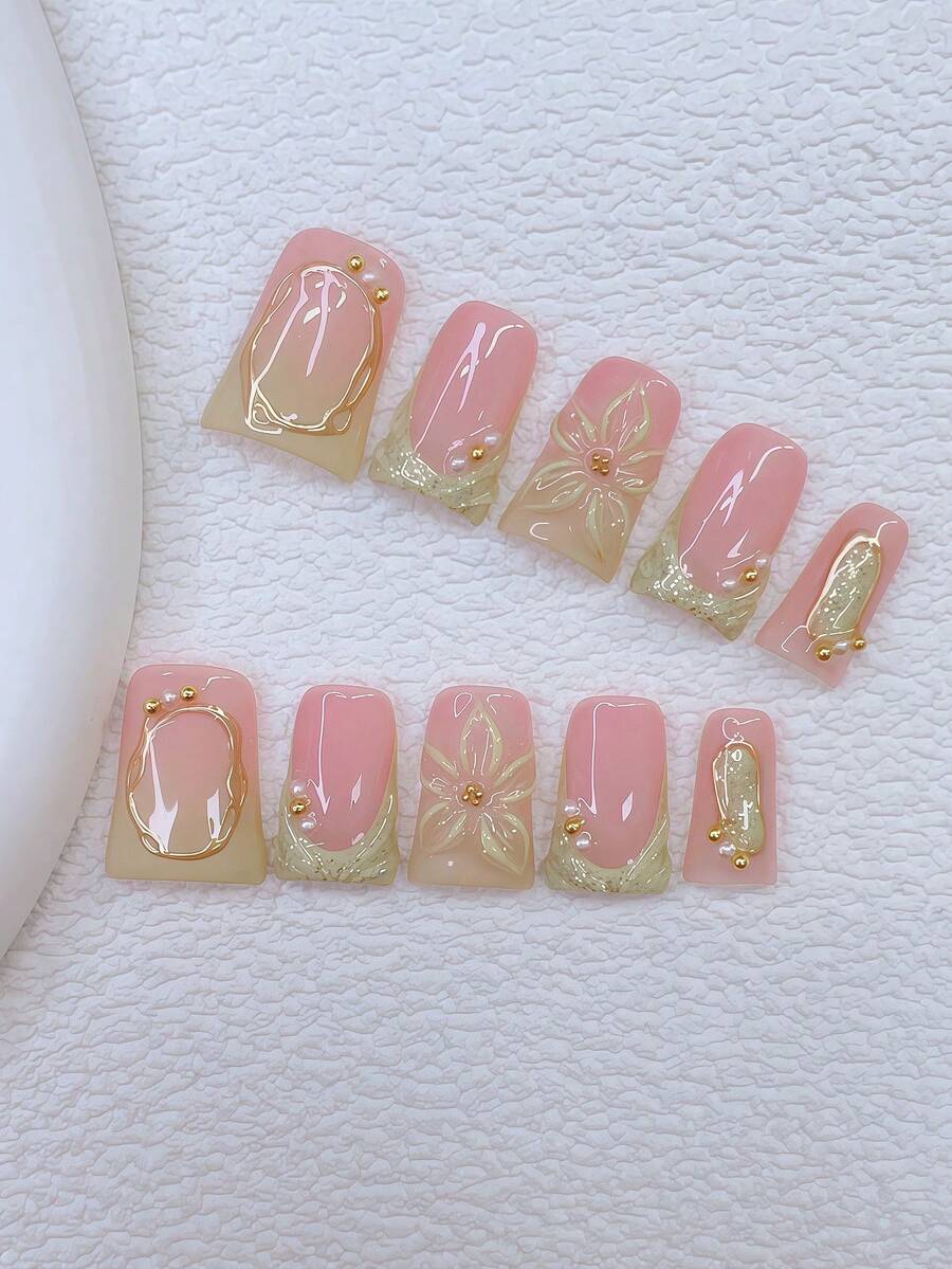 10 Stücke Y2K Nägel Schicke Entenschnabel Aufklebe-Nägel Set - handgefertigt, rosa Nägel, grüne Nägel, grün und rosa Farbverlauf Französische Spitzen Nägel, handgemachte 3D Blumen, 3D grüne Blumen Nagelkunst, handgezeichnetes Goldmuster und funkelndes Nageldesign, weiße Perle und kleine goldene Stahlkugel Akzente, zarte anmutige handgemachte Aufklebe-Nägel
