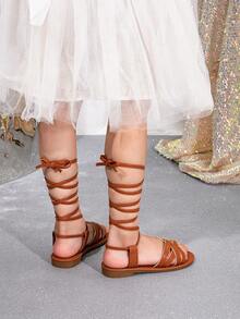 Girls' Striped Woven Fashionable Versatile Lace-Up Flat Sandals - Brown - View 4