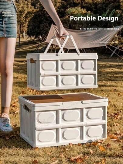 便携式可折叠户外储物箱，带木盖 – 塑料框架，多个隔层，可存放野餐必需品、户外聚餐用品和露营装备