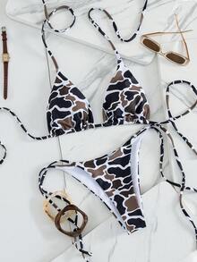 QKJ Bộ bikini nữ màu nâu đen họa tiết da bò, kiểu tam giác, cổ yếm, cúp ngực điều chỉnh được, dây buộc bên hông, cạp thấp, cạp cao, độ che phủ tối thiểu, gợi cảm, thích hợp cho kỳ nghỉ hè đi biển. - màu đen - Xem 4