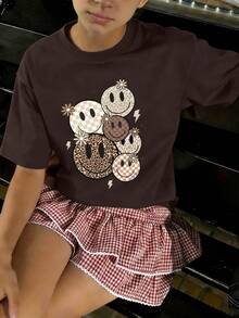 女童短袖T恤，印有笑脸图案，休闲时尚童装，女童服装 - 棕色 - 查看 7