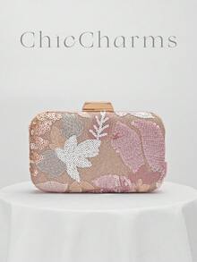 1pc Women's Fashionable Retro Evening Bag, Multicolor Leaf & Floral Pattern Patchwork Crossbody Mini Square Box Bag, Suitable For Party, Gathering, Shopping, Birthday, Valentine's Day, Gift, Random Pattern - Pink - View 7