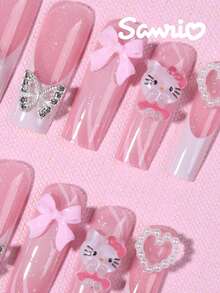 SANRIO Bộ 24 miếng dán móng tay hình chữ nhật kiểu Pháp, thiết kế 3D dễ thương hình kim cương, nơ hồng, trái tim và ngọc trai, bao gồm 1 lọ keo dán và 1 dũa móng, thích hợp cho nữ sử dụng hàng ngày và dự tiệc. - Nhiều màu - Xem 3