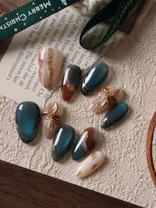 10pcs Nails, Green Cat Eye & Golden Flower Design Short Artificial Nails For Office & Daily Wear, Includes 1 Glue Sheet And 1 Mini File Handmade Press On Nails - 彩色 - 查看 1