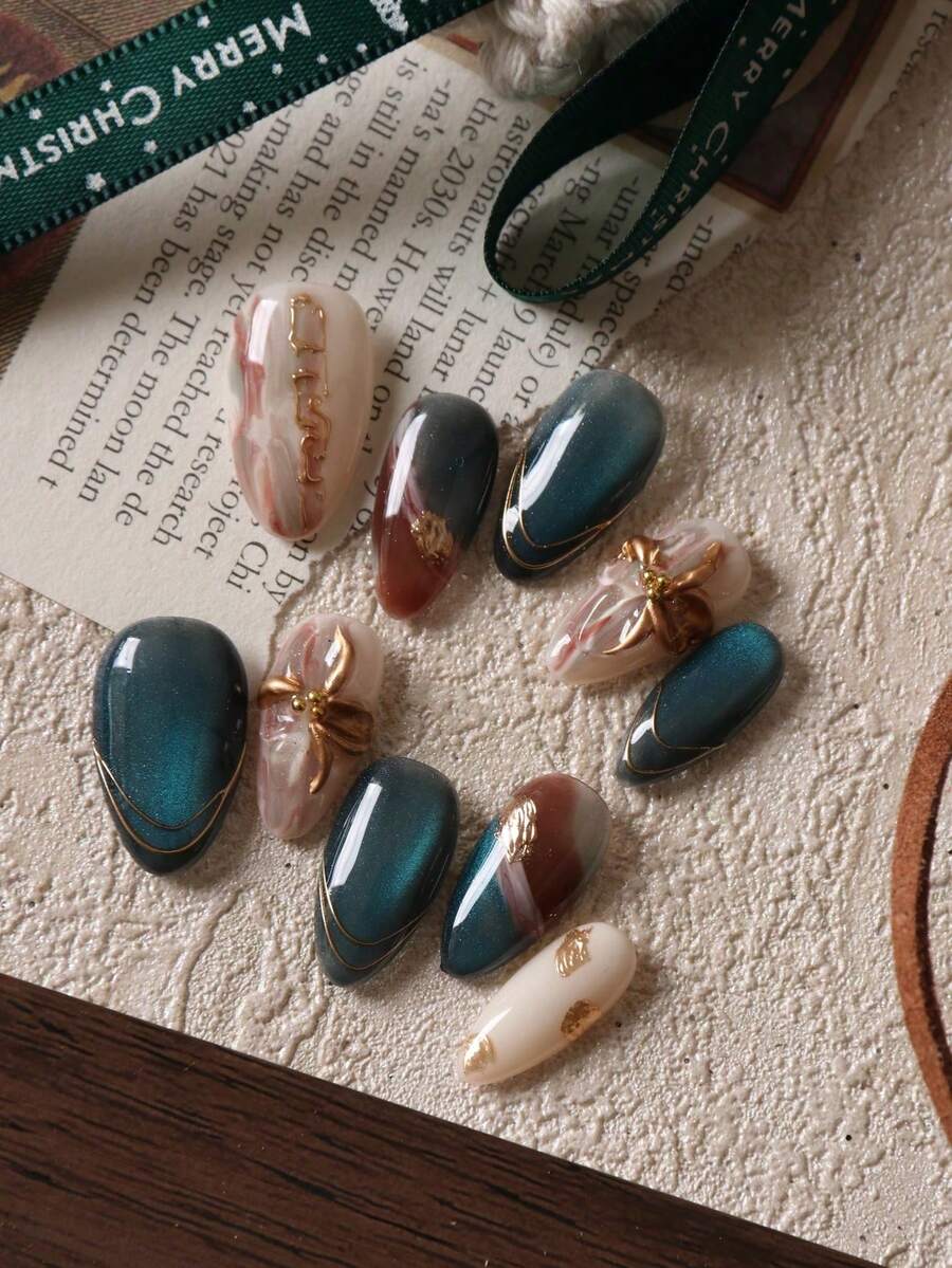 10pcs Nails, Green Cat Eye & Golden Flower Design Short Artificial Nails For Office & Daily Wear, Includes 1 Glue Sheet And 1 Mini File Handmade Press On Nails - 彩色 - 查看 1
