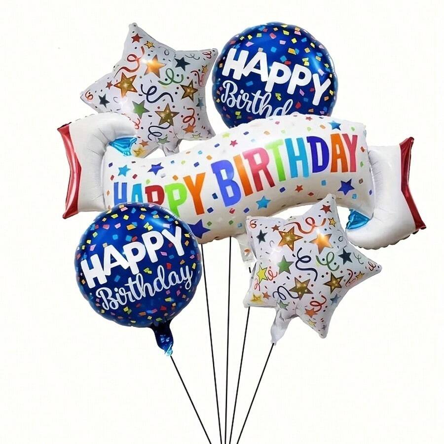5pcs Birthday Decoration Set, Includes Colorful "Happy Birthday" Banner, Balloon, Star & Round Foil Balloons, Suitable For Birthday Party, Mother's Day, Father's Day, Graduation Party Decoration - View 1