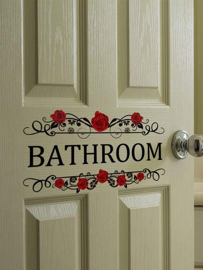 1张红色玫瑰英文“浴室”墙贴，家居装饰贴纸