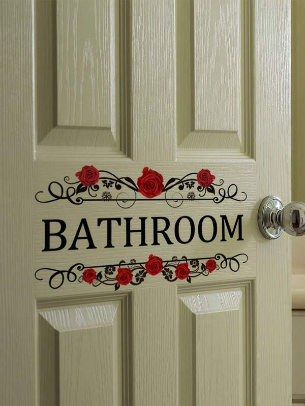 1张红色玫瑰英文“浴室”墙贴，家居装饰贴纸