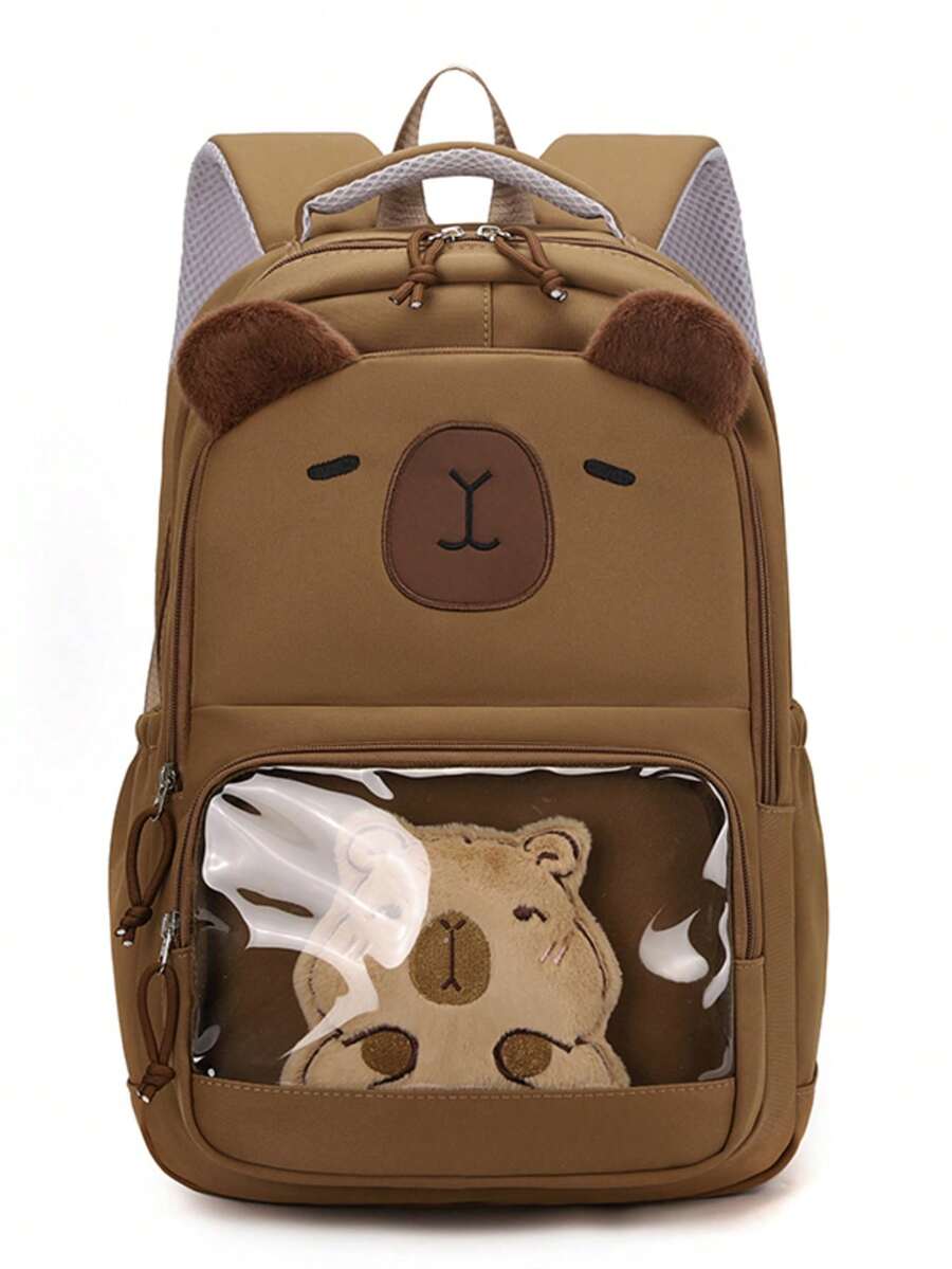 1pc 3D Capybara Embroidery + Transparent PVC Window Nylon Waterproof Large Capacity Multi-Compartment Zipper Closure Cute & Playful Backpack, Suitable For Students And Daily Commute