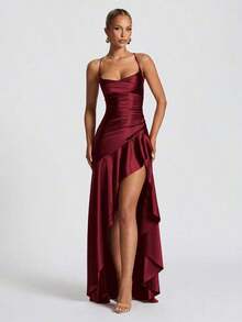 Women's Solid Color Spaghetti Strap Sexy Tie-Up Ruffle Hem Slit Dress - 酒紅色 - 查看 2