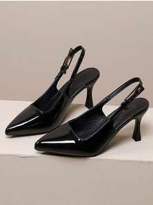 Fashionable Women's Versatile Pointed Toe Kitten Heel Slip-On Sandals, Elegant Ladies' High Heels For Wedding, Party, Banquet, Sexy Black And Wine Red Pointed Toe Buckle Slip-On Stiletto High Heels - Black - View 2