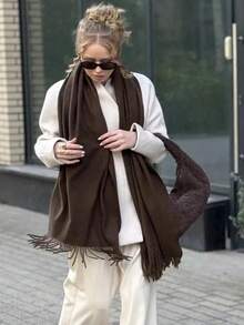 Plain Winter Thick Pashmina Scarf 225g With Fringe Unisex - 咖啡棕 - 查看 3
