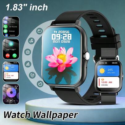 智能手表，1.83英寸高清触摸屏，柔软硅胶表带，来电/信息提醒，计步器，卡路里计算，可自定义表盘，运动追踪，多种运动模式，多功能智能手表，男女通用，兼容iOS和安卓系统，非常适合日常健身佩戴，也是圣诞节和生日礼物的理想之选。