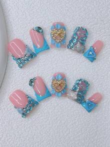 10片装Y2K风鸭嘴美甲贴片套装 - 手工制作，粉色美甲，蓝色美甲，蓝色法式美甲，手工3D花朵，3D蓝色花朵美甲，蓝色小花元素和金色爱心图案设计，闪亮蓝色水钻和银色猫咪装饰手工美甲贴片 - 彩色 - 查看 13