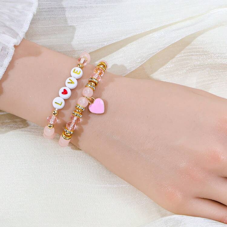 2件套简约心形合金吊坠，亚克力字母和水晶串珠弹力手链，适合女性佩戴 - 心 - 查看 1