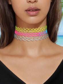 12 Pcs Y2k Colorful Hollow Elastic Tattoo Choker Necklaces Set Party Music Festival Jewelry - Multicolor - View 4
