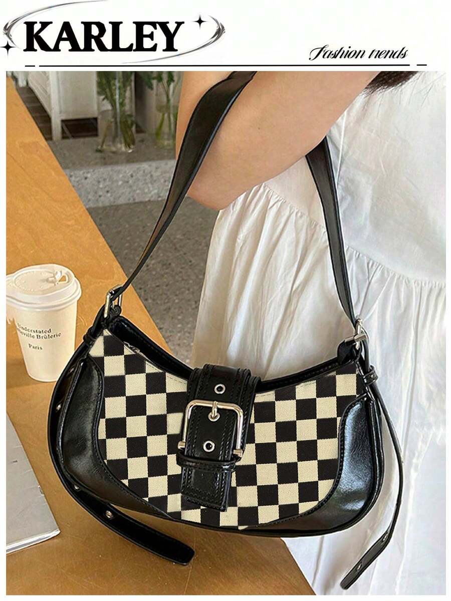 1个PU皮革女士手提包，时尚Y2K坏女孩风格摩托车包，百搭复古小钱包，甜辣腋下包，小众女士单肩斜挎腋下包，女士单肩邮差包 - 黑色 - 查看 1
