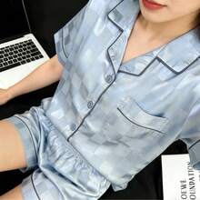 Ice Silk Short-Sleeved Pajamas Loungewear Summer Thin Plaid Pajamas Women's Sweet And Cute Silk Two-Piece Suit Summer LoungewearLeisure, Anti-Static, Breathable, For Sleeping, For Bathing, Elastic, Antibacterial, For Home Use, Warm, Comfortable, Moisture-Wicking And Breathable, Can Be Worn Outdoors - 藍色格子雙短 - 查看 3