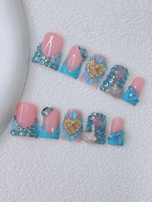 10片装Y2K风鸭嘴美甲贴片套装 - 手工制作，粉色美甲，蓝色美甲，蓝色法式美甲，手工3D花朵，3D蓝色花朵美甲，蓝色小花元素和金色爱心图案设计，闪亮蓝色水钻和银色猫咪装饰手工美甲贴片 - 彩色 - 查看 2