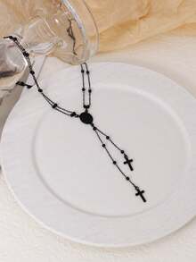 1pc Black Multi-Layer Cross & Virgin Mary Y-Necklace, Suitable For Holiday Wear, Mother's Day Gift - Black - View 5