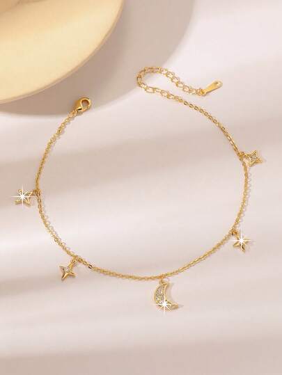  1pc Bohemian Style Summer Beach Anklet, Women's Gold-Tone Leg Chain With Star, Moon, Clover Charms, Adjustable 18K Gold Plated Anklet, Suitable For Daily Wear And Holiday Gifts