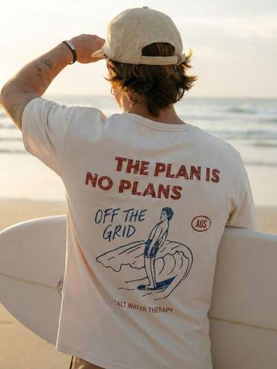 男士休闲沙滩冲浪元素印花短袖T恤，适合夏季穿着，舒适透气，引领时尚潮流