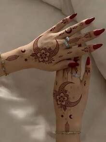 2pcs Reddish Brown Henna Waterproof Temporary Tattoo Stickers With Moon, Star, Floral, Chain Designs, Simple Hand Tattoos, Suitable For Makeup Events, Parties, Performances, Decorations, Dates, Weddings - Brown - View 4