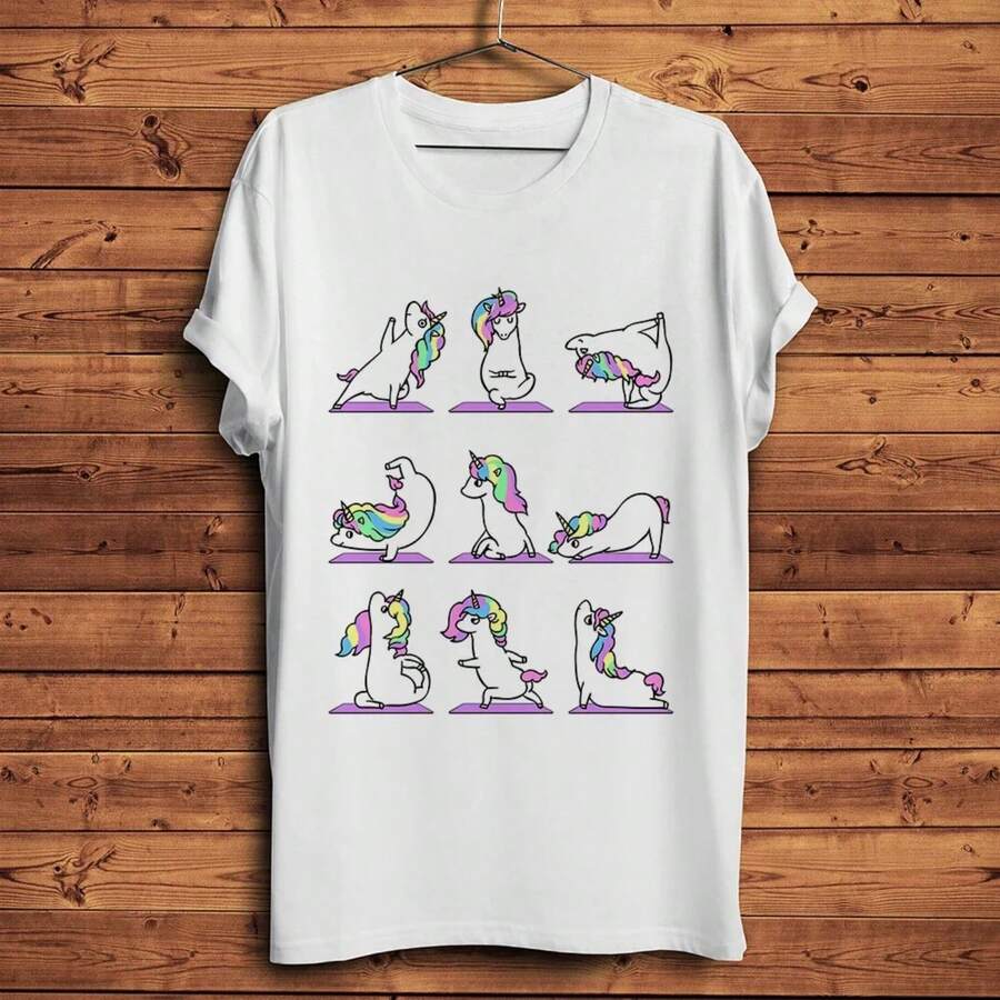 Amusing Unicorn Yoga Asana T Shirt Men, Unisex White Casual Short Sleeve Tshirt, Breathable Print Streetwear T-Shirt - trắng - Xem 1