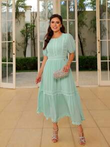 Daiana Women's Modest Maxi Midi Dress In Crepe With Guipure Lace Details And Back Zipper - Green - View 1