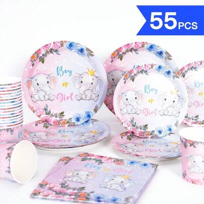 Gender Reveal Elephant Disposable Plates, Napkins, Cups - One-Time Party Supplies Set, Suitable For 10 Guests, Disposable Paper Plates Party Tableware For Birthday, Wedding, Theme Party, Family Picnic