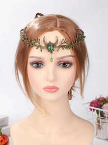 1pc Vintage Elegant Headpiece, Made Of Metal Inlaid With Crystals, Featuring Forest Branch Design Hair Accessory - Dark Green - View 9