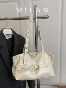 1 chiếc túi tote cỡ lớn kiểu cổ điển, túi đeo chéo cỡ lớn tiện dụng cho người đi làm, túi xách thời trang đi xe máy, chất liệu da PU màu trơn phủ sáp dầu, dây đeo trang trí, khóa kéo, túi đeo vai nữ thích hợp đi làm, balo cho sinh viên, đi du lịch ngắn ngày, nghỉ mát, mua sắm, công tác, phù hợp sử dụng hàng ngày. - Màu be - Xem 2