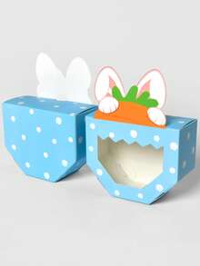 10pcs/1pc Creative Rabbit Peeking Carrot Transparent Window Gift Box, 3D Rabbit Ear Design Atmosphere, Transparent Window For Easy Display, Thick White Cardboard Material, Birthday Party Favors, Mini Size Compact And Exquisite, Suitable For Chocolates, Candies, Small Toys, Jewelry, Bath Bombs, Baked Goods Packaging, Multi-Scenario Gift Box - Rabbit Ears With Blue Polka Dots - View 10