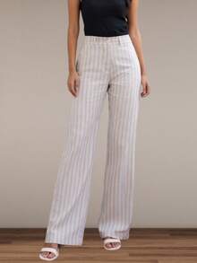 Wide-Leg Linen Trousers With Stripes, Casual/Executive Style. - Baby Blue - View 1