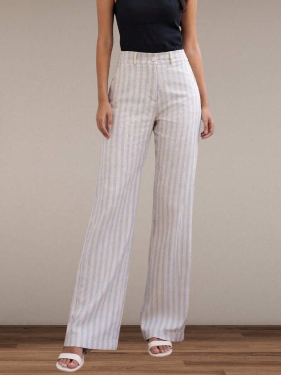 Wide-Leg Linen Trousers With Stripes, Casual/Executive Style. - Baby Blue - View 1