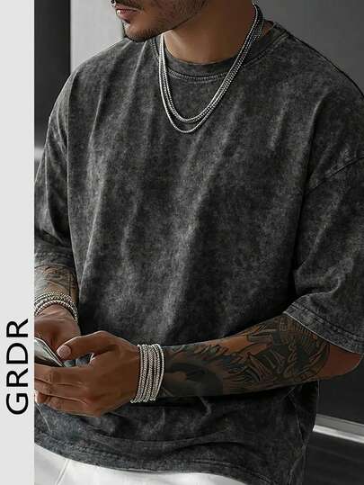  GRDR Men's Vintage American Style Solid Color Washed Round Neck Short Sleeve T-Shirt, Comfortable And Breathable For Summer Wear