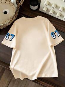 New Spring/Summer Boys' Cartoon Character & Funny "67" Numeral Print Crew Neck Short Sleeve T-Shirt - Apricot - View 3
