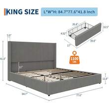 Beaully Bed Frame With 4 Storage Drawers And Wingback Headboard, Corduroy Upholstered Queen Platform Bedframe, No Box Spring Needed, Easy Assembly - Gray-king Size - View 2
