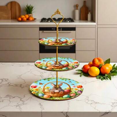 三层复活节兔子篮蛋糕架装饰托盘，饰以春花和彩色彩蛋图案，适合节日派对甜点展示。