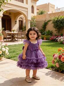 Vestido de fiesta y noche para niña bebé con malla, patchwork y decoración de lazo - Morado - Ver 6