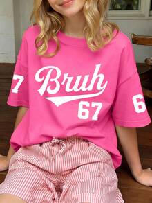 Girls' Minimalist Text Print Round Neck Short Sleeve T-Shirt, New Spring/Summer Fashion - Hot Pink - View 3