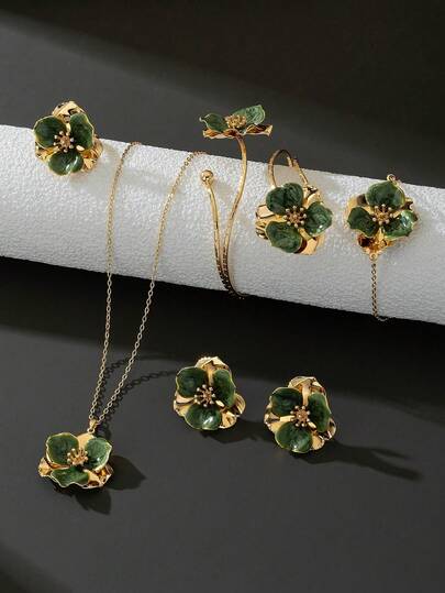1 Set Green Ombre Floral Pendant Necklace, Earrings, Ring, Bracelet, Bangle Women Jewelry Set (No Gift Box), Romantic & Elegant