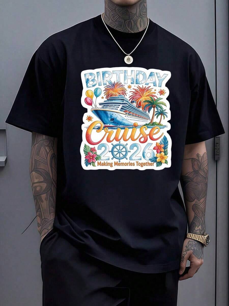 Vacation Travel T-Shirt,Cruise Vacation T-Shirt - 100% Cotton Graphic Tees Men, Summer Shirts Y2K Clothes, Matching Outfits For Couples,Men's Cotton Casual T-Shirt, Men's Tropical Surf Graphic T-Shirt - Beach Vacation Tee With Palm Trees And Surfboard Design, Casual Short Sleeve, Regular Fit, Perfect For Beach & Poolside, Vacation T-Shirt,Spring Summer Picks - 黑色7 - 查看 1