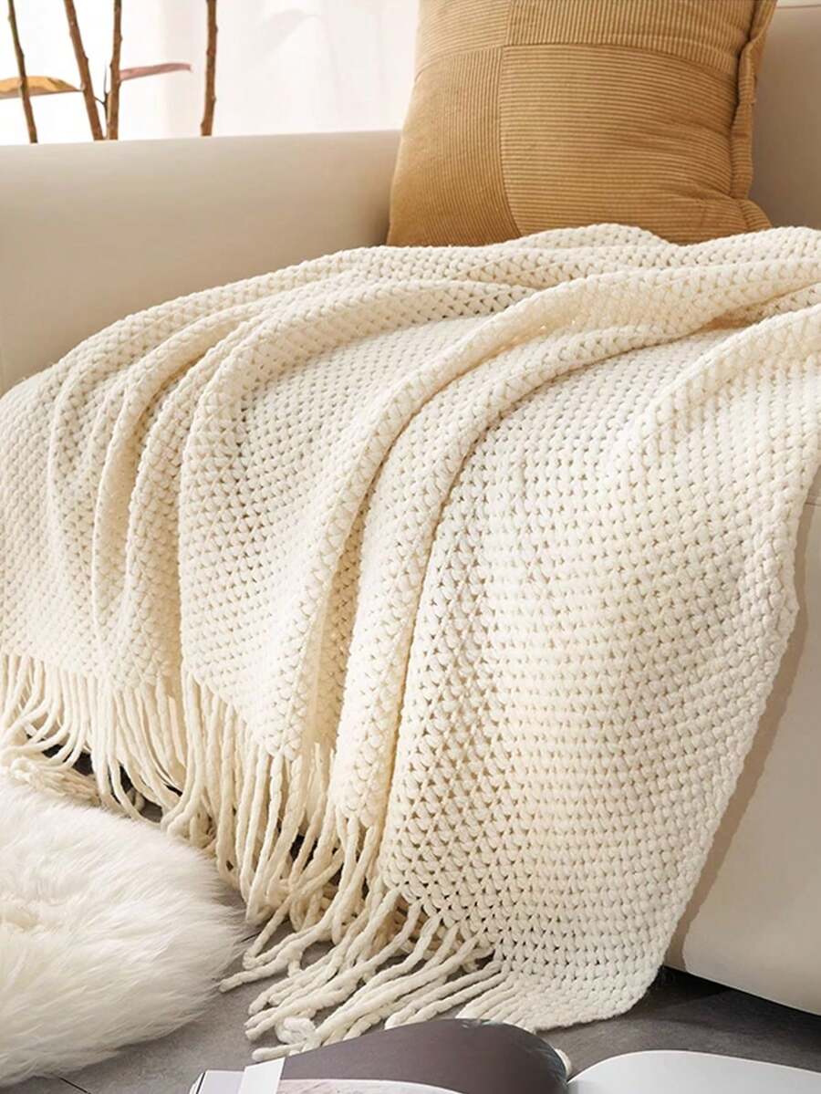 1 Diamond Grid Textured Knit Throw Blanket, Soft And Comfortable, Suitable For All Seasons, Suitable For Sofa, End Of Bed, Travel, Home Decor - Mixed Color Geometric Pattern, Acrylic Fabric - 網格巾米色 - 查看 1