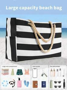 Beach Bags For Women, Large Waterproof Beach Tote Bag With Zipper, Plus Size Women's Waterproof Beach Tote Bag, Women Canvas Shoulder Bag, Waterproof Sandproof Swim Pool Bag, Large Tote (Pattern Random),  Portable, Foldable, Business Casual Simple Stripe Design Tote Bag For Teenagers, Women, College Students, Middle & High School Students, Outdoor, Travel, Picnic, Work, Business, Commuting, Vacation, Shopping And Holiday[US Local Warehouse]The Best Gift Choice, Birthday Gift - Nhiều màu - Xem 6