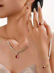 5pcs Gold-Plated Bridal Wedding Jewelry Set, Handmade With Red & Green Cubic Zirconia, Including Necklace, Bracelet, Earrings, Ring, Suitable For Daily Wear And Wedding Ceremonies, Wedding Anniversary Gift - Gold - View 11