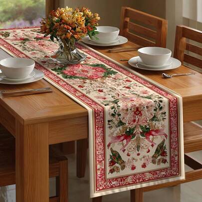 1PC Europejski bieżnik na stół w stylu vintage z motywem kwiatowym Phoenix, prostokątny, dekoracja stołu jadalnego, czerwony, zielony, symetryczny wzór, klasyczny wzór roślinny, bieżnik na stół jadalny