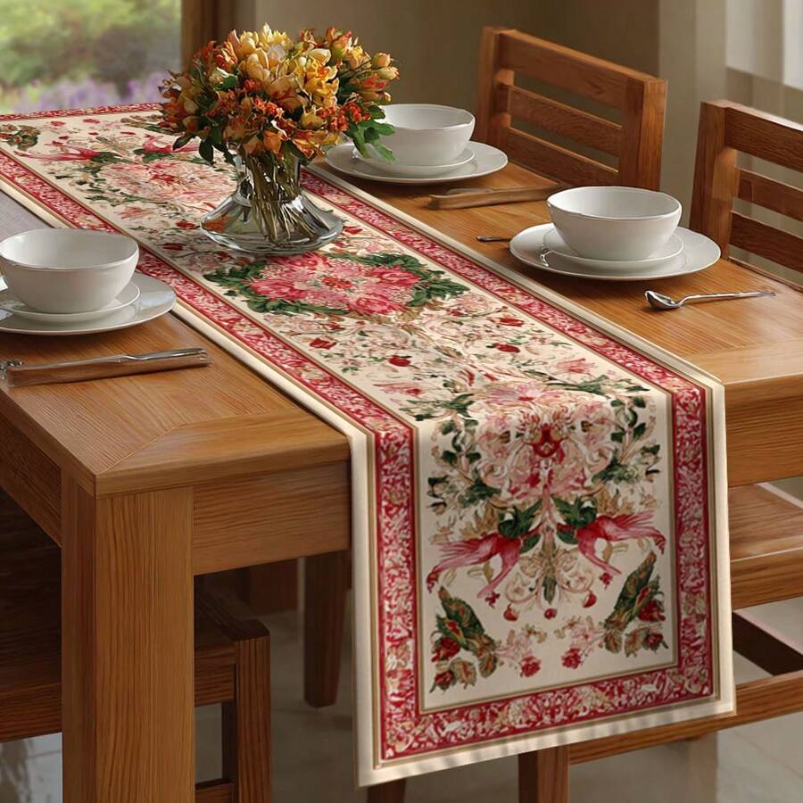 1PC European Vintage Phoenix Floral Table Runner Rectangular Dining Table Decor Cloth Red Green Symmetric Pattern Classic Plant Design Table Cloth Home Dining Table Runner - Multicolor - View 1