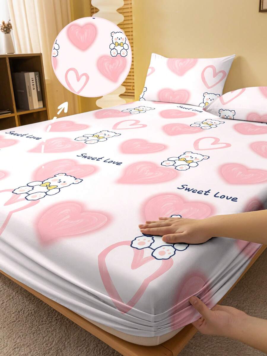 1pc Minimalist Modern Animal Pink Heart Bear Print Washed Fitted Sheet, Bedroom Printed Bed Cover, Bedding (Pillow Case Not Included) - Multicolor - View 1