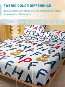 1pc Minimalist Modern Animal & Letter Bear Print Washed Bedsheet, Bedroom Printed Bed Cover, Bedding Set (Pillow Case Not Included) - Multicolor - View 5
